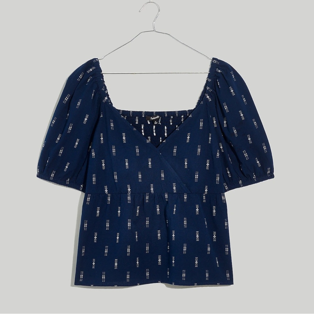 MADEWELL JACQUARD PUFF SLEEVE EMPIRE TOP IN NAVY SIZE XXS NWT